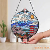 Mount Fuji Stained Glass Suncatcher Japanese Pagoda Glass Art Cherry Blossom Window Decor Japan Landscape Gift Oriental